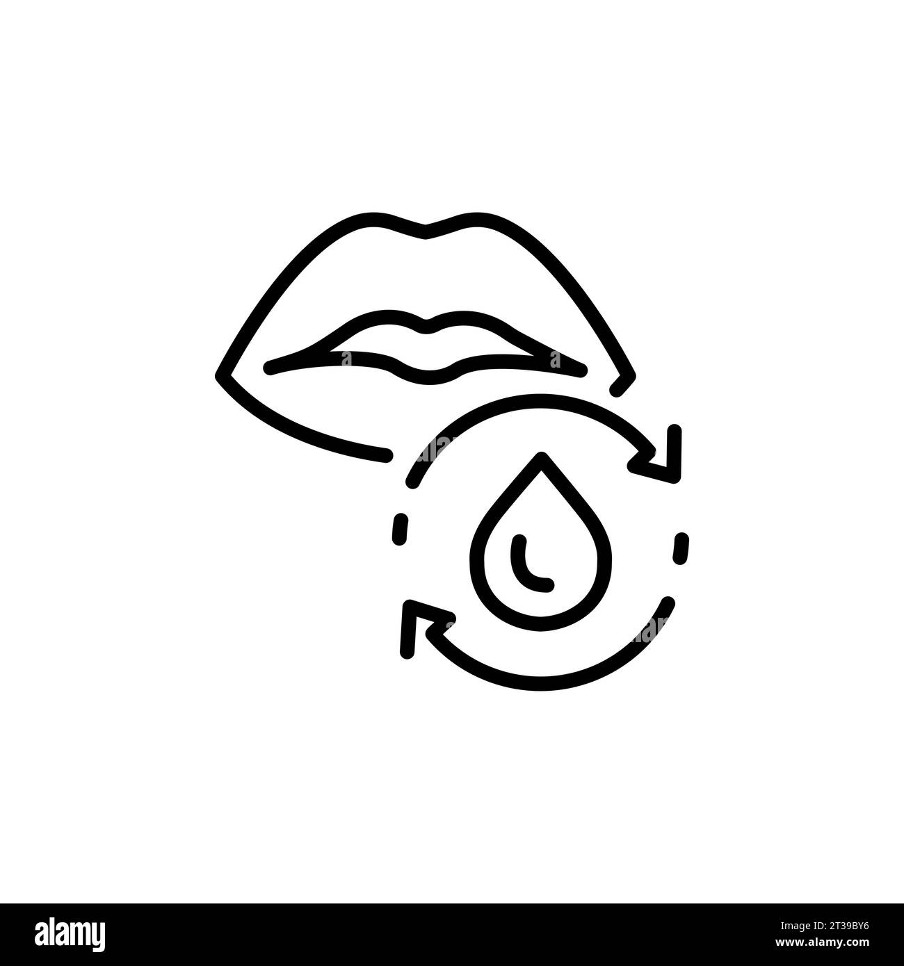 Lippenkonturensymbol, Lippenstift oder Wassergel, Mund mit Flüssigkeitstropfen, Wasserzyklus für Gesicht, dünne Linie Symbol auf weißem Hintergrund. Stock Vektor