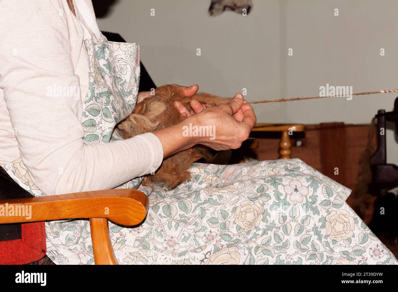 Nahaufnahme der Hände einer Frau, die Wolle auf einem traditionellen Spinnrad geschickt spinnen, mit dem Fokus auf die rohe Wolle und die Finger vor dem Hintergrund Stockfoto