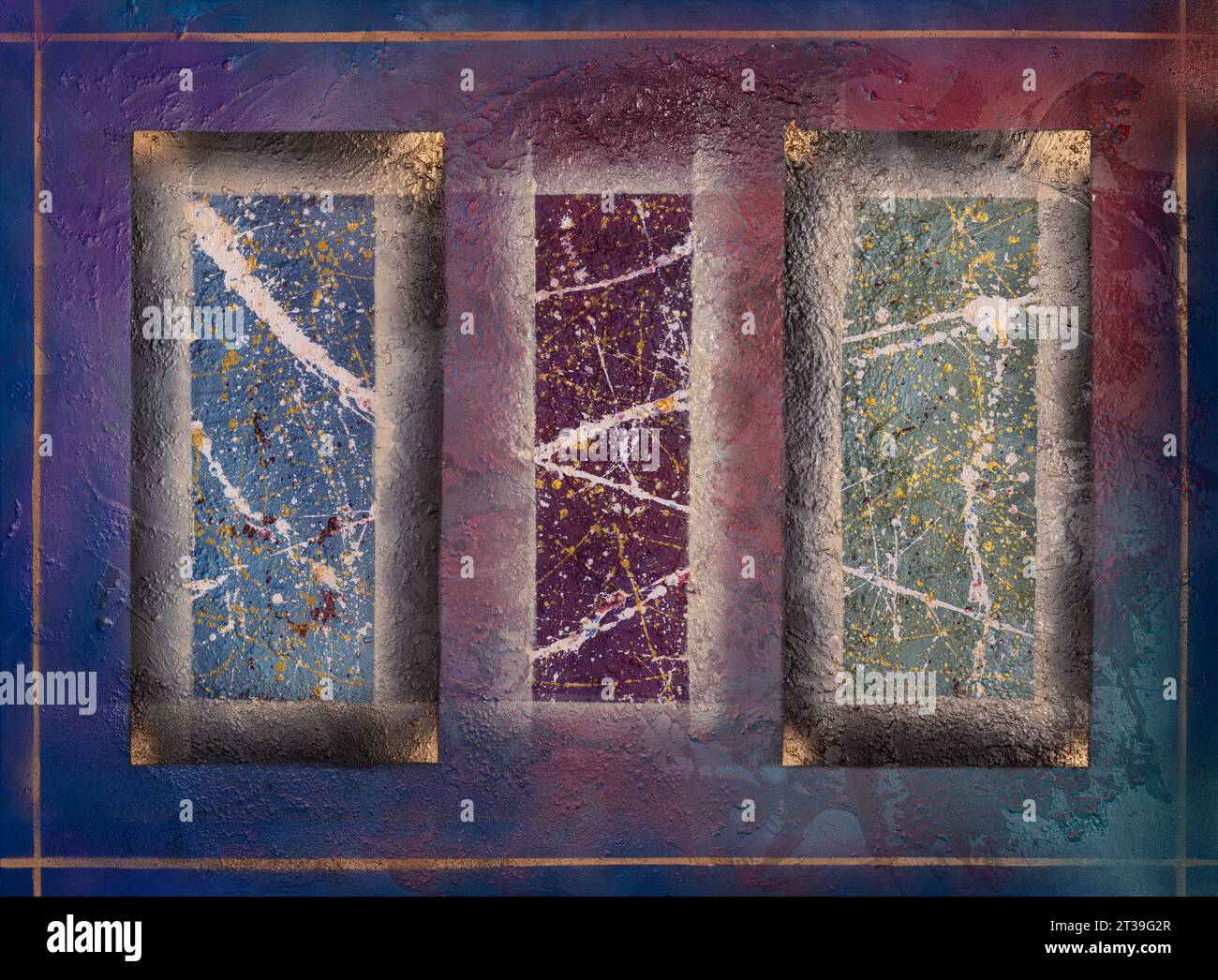 Ein beeindruckendes Triptychon-Kunstwerk mit satten Texturen und Farben. Jedes Panel verfügt über eine einzigartige Mischung aus leuchtenden Spritzern vor gedämpften Hintergründen und Akzenten Stockfoto
