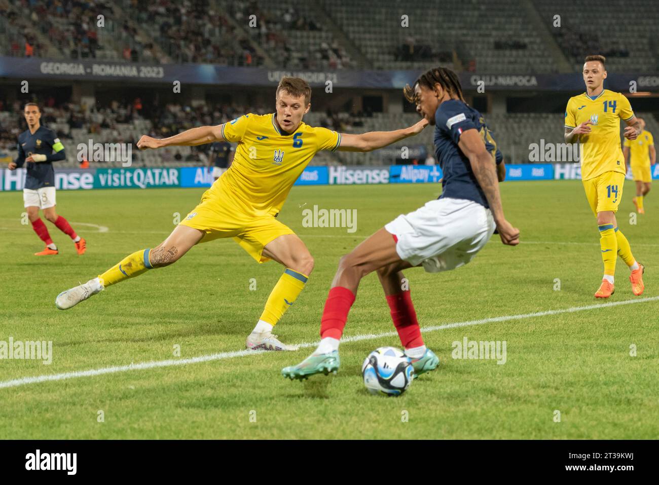 Das Fußballspiel zwischen Frankreich U21 und Ukraine U21 im Viertelfinale der UEFA EURO U21, in Cluj-Napoca, 2. Juli 2023. Stockfoto