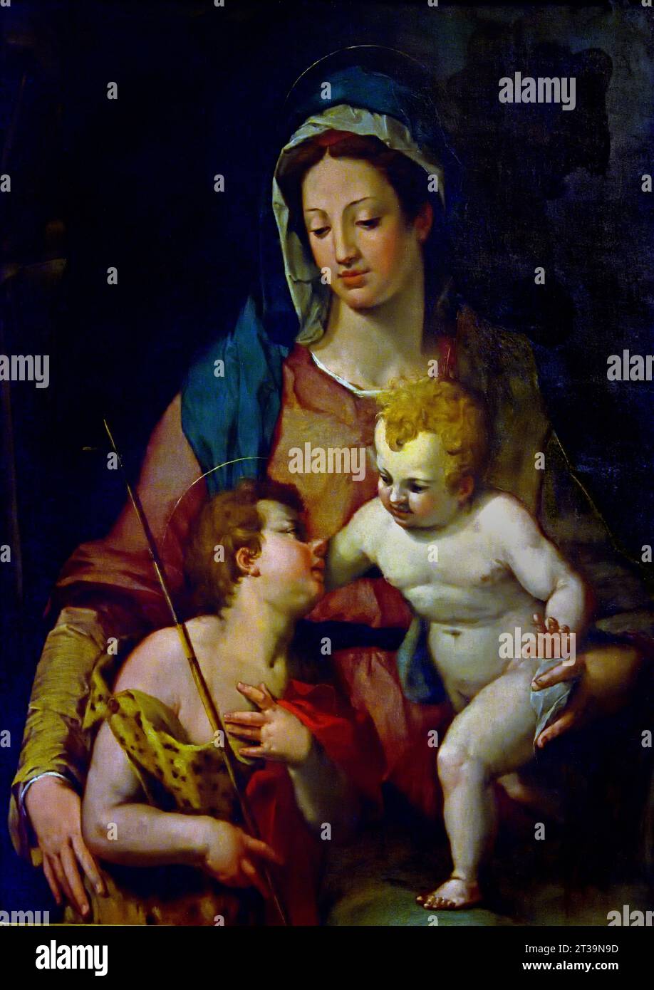 Madonna und Kind mit Little St. Johannes der Täufer 1585 Pieter de Witte 1548 - 1628 Museum, Italien. Peter de Witte, in Italien als Pietro Candido und in Bayern als Peter Candid bekannt, war ein in Flandern geborener manieristischer Maler, Wandteppiche und Zeichner, der in Italien und Bayern tätig war. Stockfoto