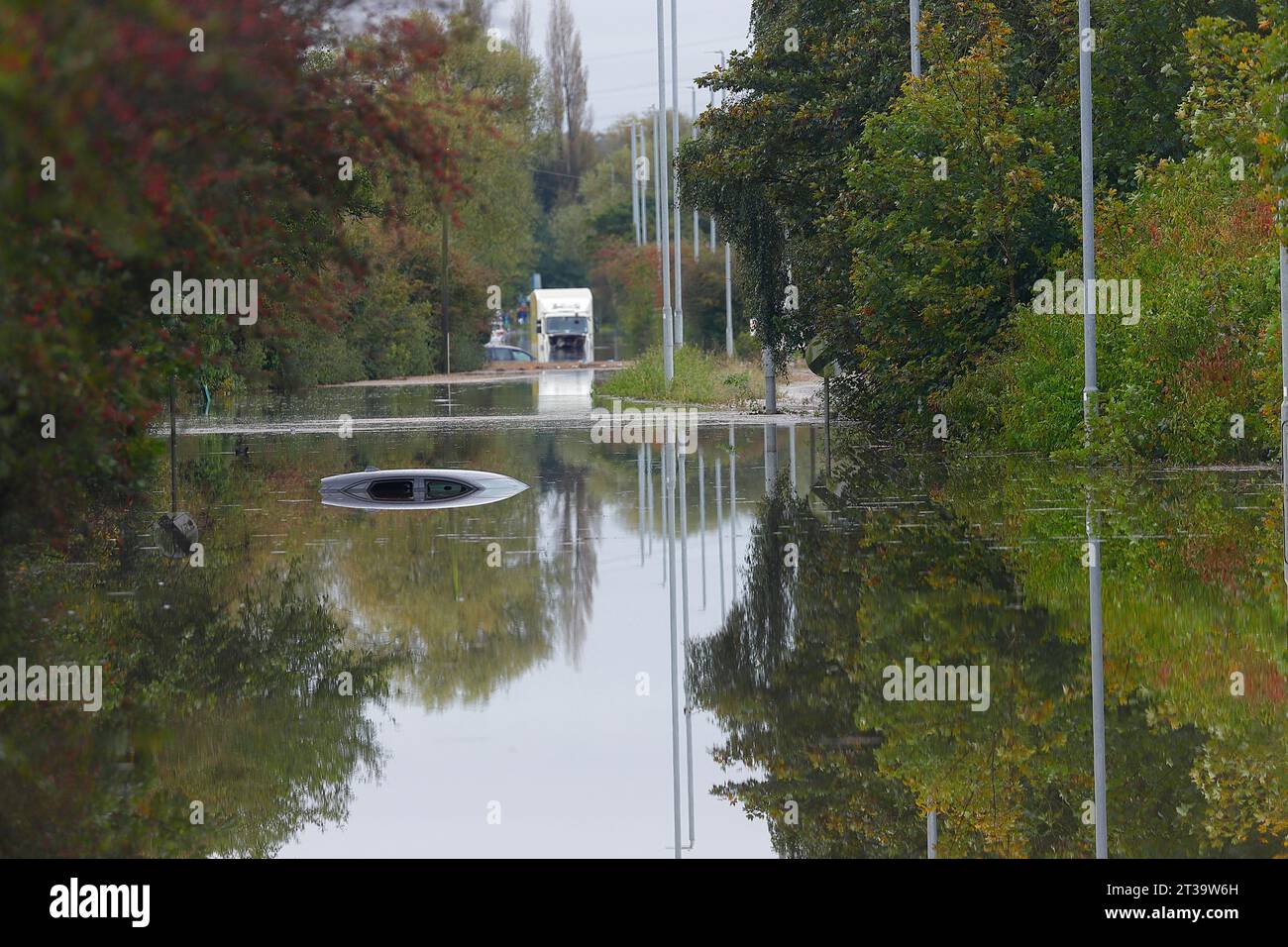 21. Oktober Sturm Babet Überschwemmung in Allerton Bywater, West Yorkshire, Großbritannien Stockfoto