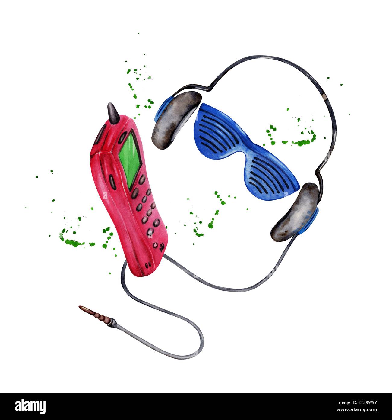 Komposition mit Kopfhörern, blauer funky Kunststoff-Sonnenbrille und rosafarbenem Mobiltelefon. Retro-Design mit Techno-Style. Handgezeichnet Stockfoto