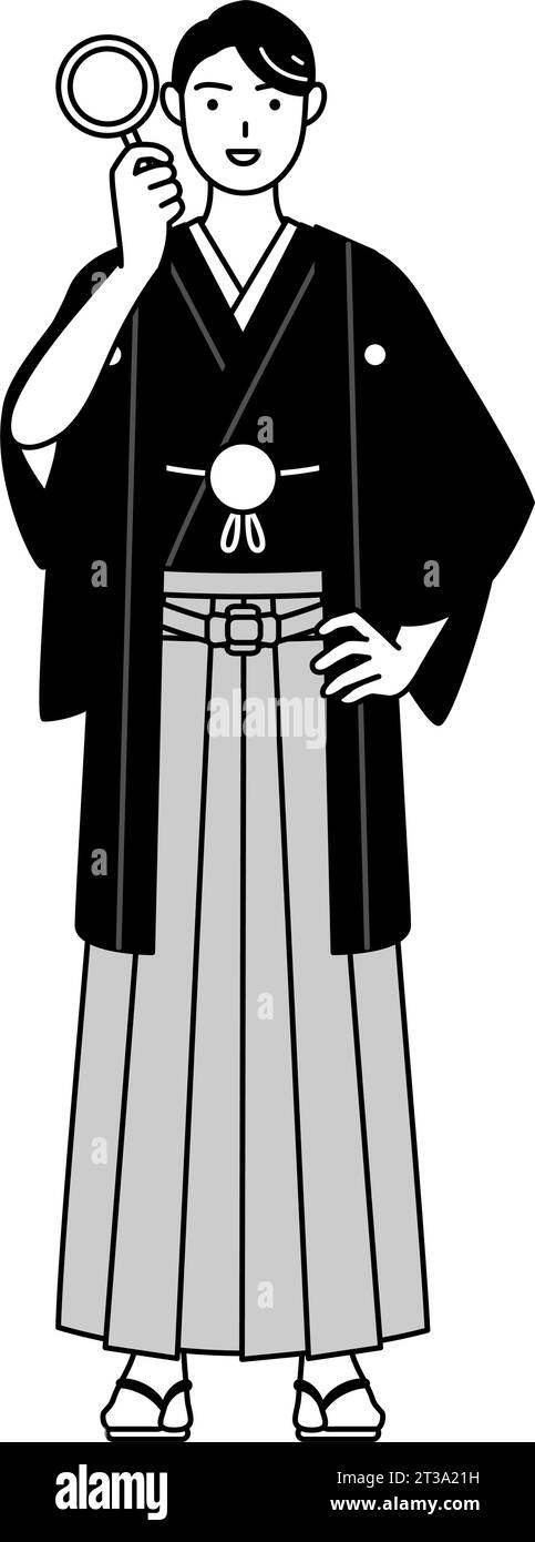 Mann trägt Hakama mit Wappen, der durch die Lupe schaut, Vektor-Illustration Stock Vektor