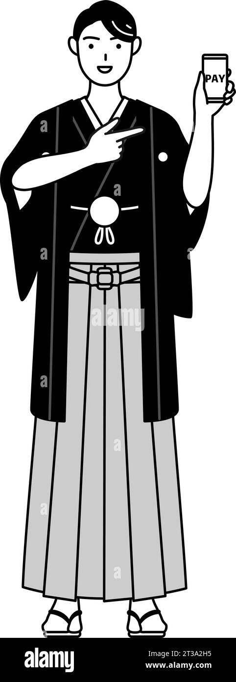 Mann trägt Hakama mit Wappen, der bargeldlose Online-Zahlungen auf einem Smartphone empfiehlt, Vektor-Illustration Stock Vektor