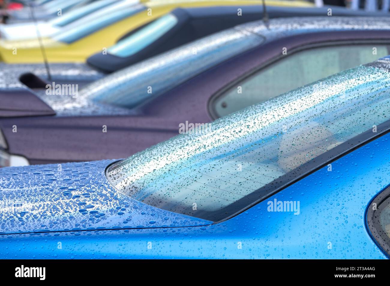 Nahaufnahme von Wassertropfen auf den bunten blauen lila Autos. Wasserperlen nach Regen oder Autowäsche auf der Oberfläche. Regnerisches Wetter und Fahrzeugkonzept. Stockfoto