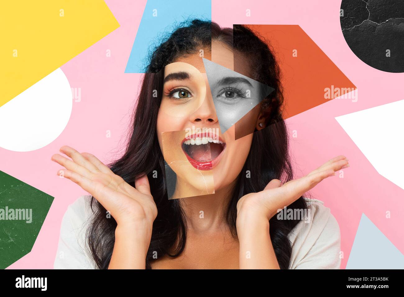 Collage-Kunst-Gesichtsdesign von multirassischen Frauen in bunten Hintergründen Stockfoto