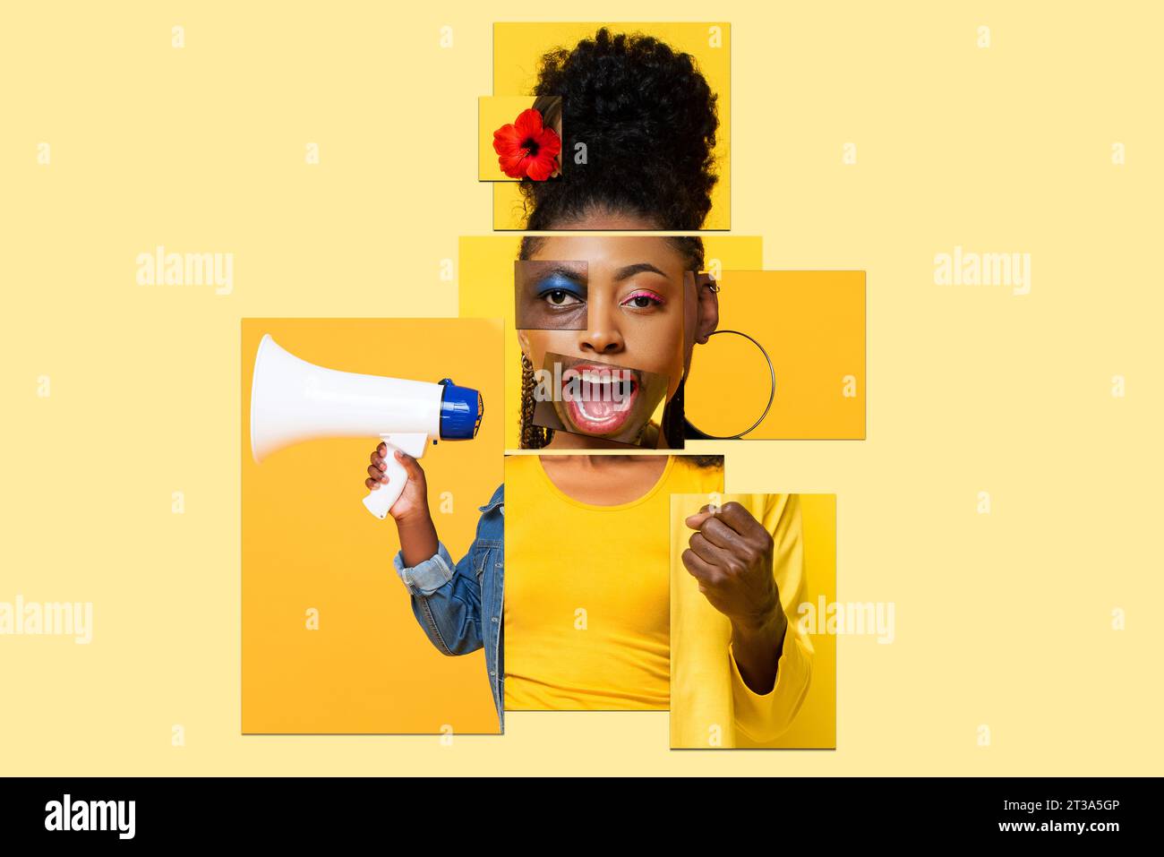 Collagekunstgestaltung multiethnischer Menschen in gelbem Farbhintergrund Stockfoto