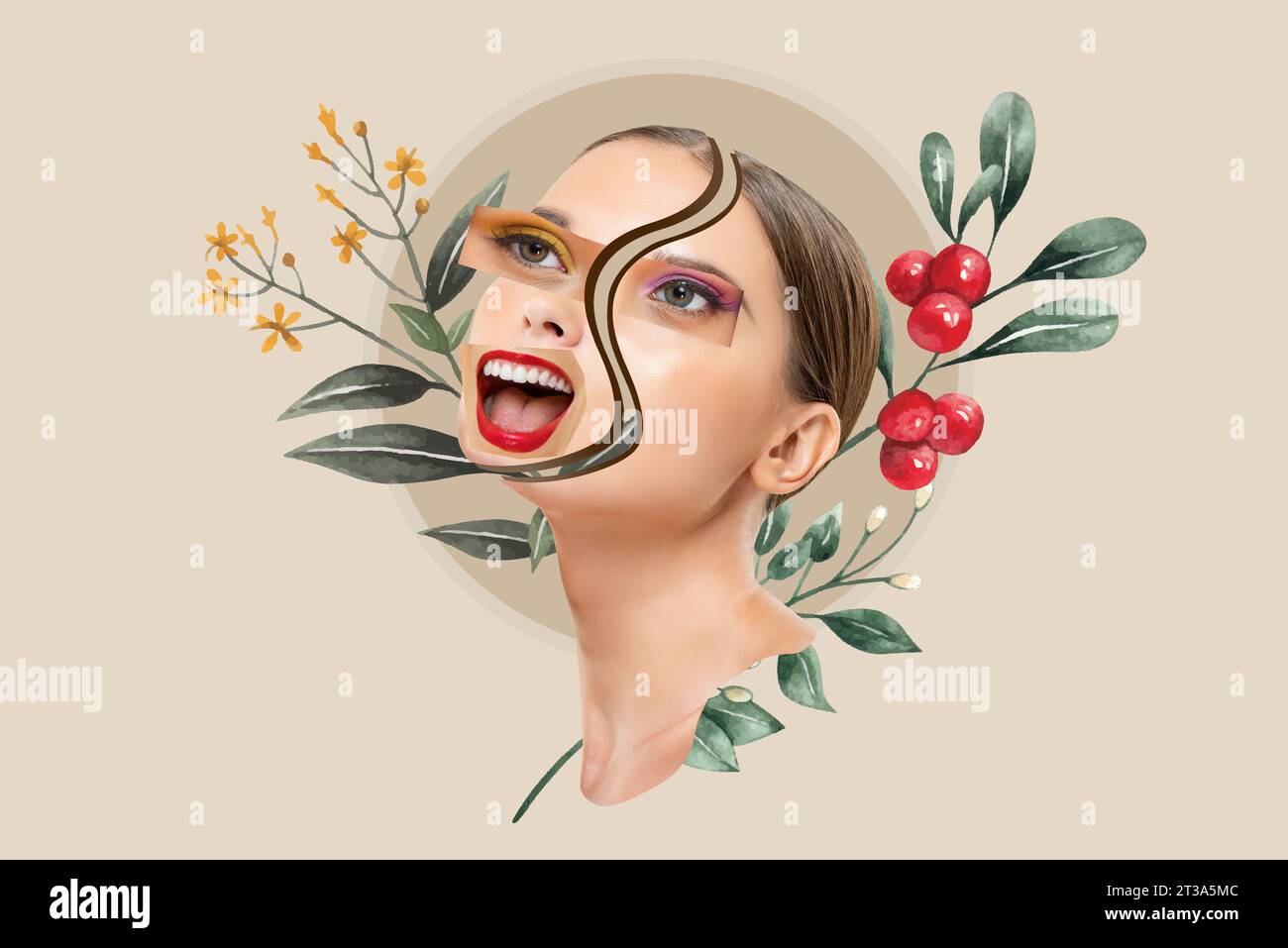 Collage Art gemischt weibliches Gesichtsdesign mit botanischen Elementen, Hautpflege Schönheit und Selbstpflegekonzept Stockfoto