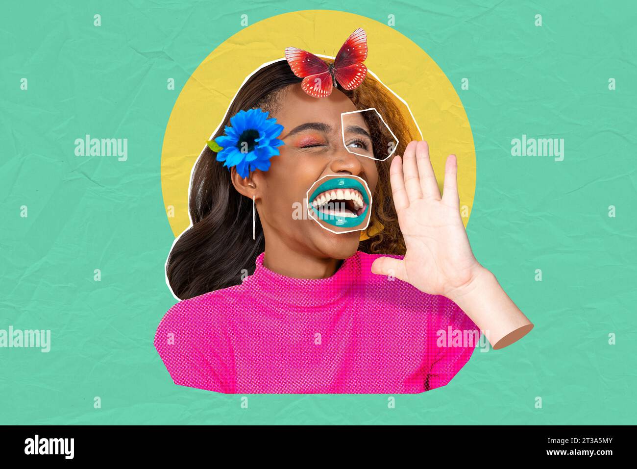 Collage-Kunstdesign multiethnischer Frauengesichter, die Freude und Glück ausdrücken Stockfoto