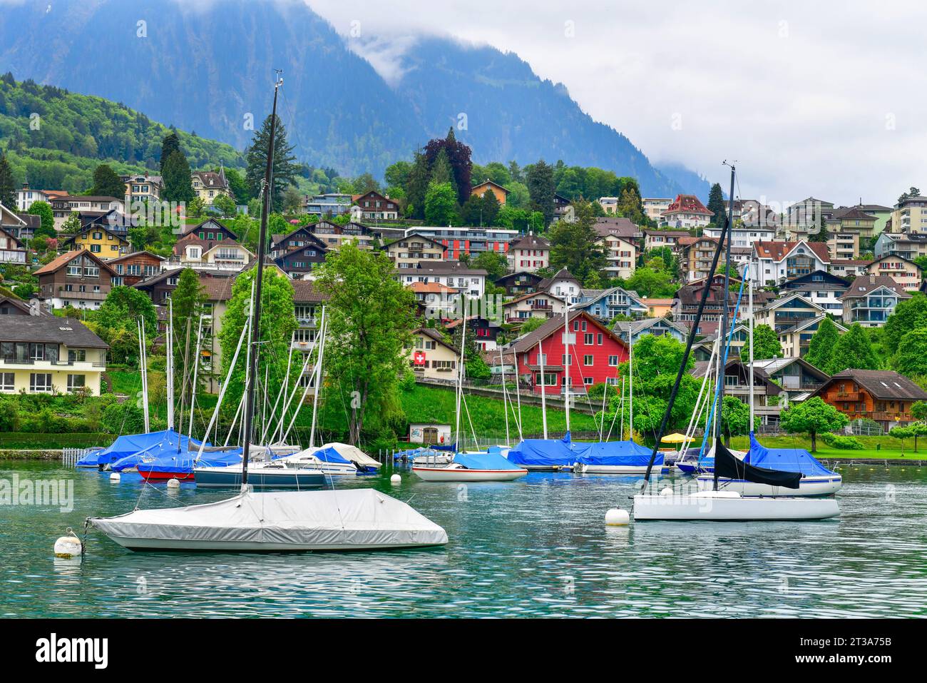 Wunderschöne Hafenstadt Spiez ist eine kleine Stadt am Thunersee. An der Südküste gelegen, nur 18 km von Interlaken entfernt. Stockfoto