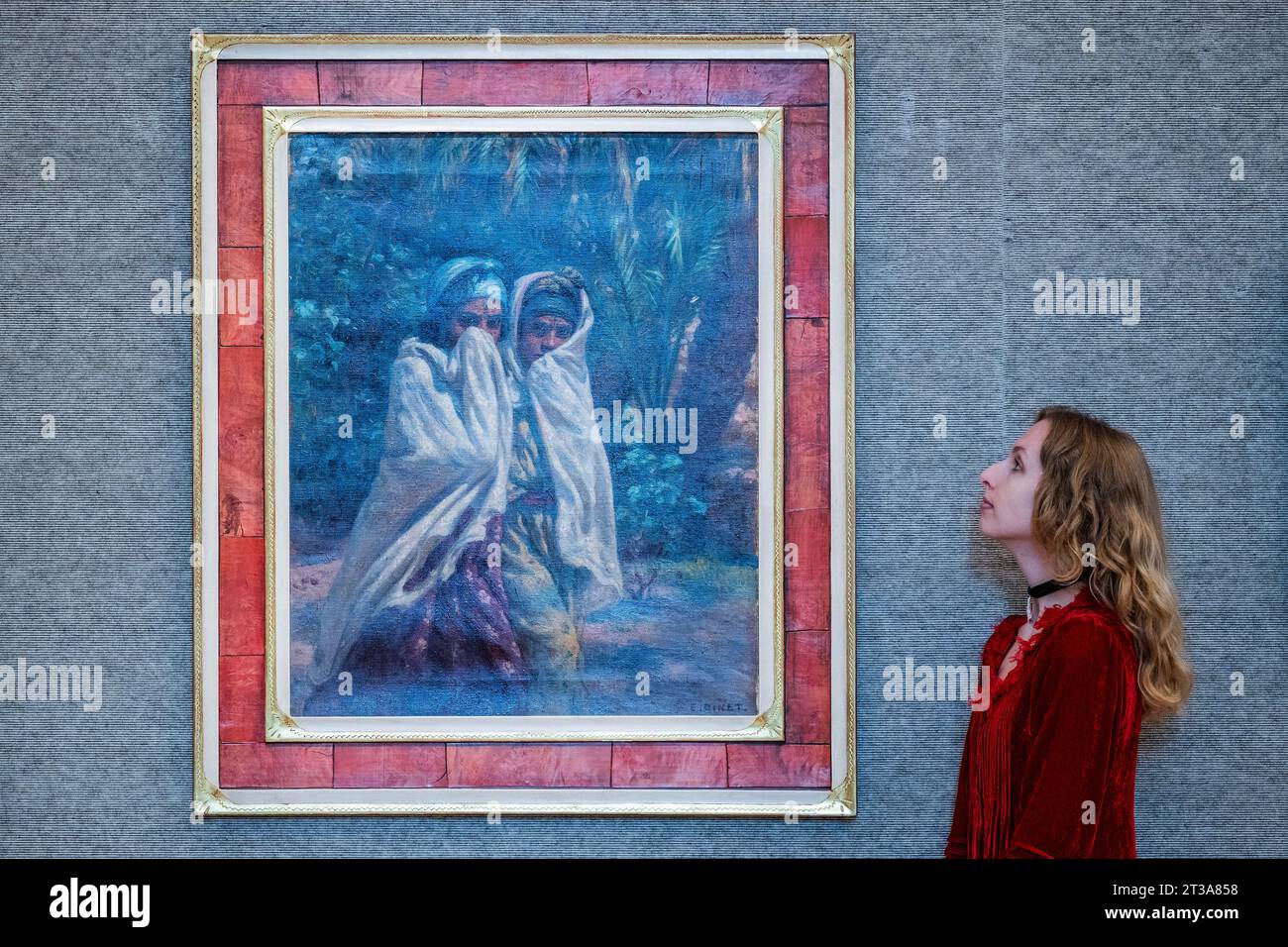 London, Großbritannien. Oktober 2023. Alphonse Etienne Dinet, Jeunes Filles Revenant de la Fete, Est £ 120.000-180.000 - Orientalistik in der Bonhams New Bond Street, London. Guy Bell/Alamy Live News Stockfoto