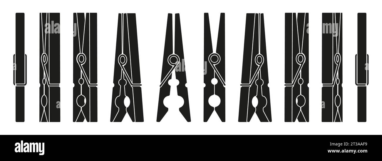Silhouetten in Kleidernadeln. Linie Holzstifte halten Tuch, Wäscheständer Werkzeug flach. Vektorisolierte Sammlung von Clothespin und Clothesline-Illustration Stock Vektor