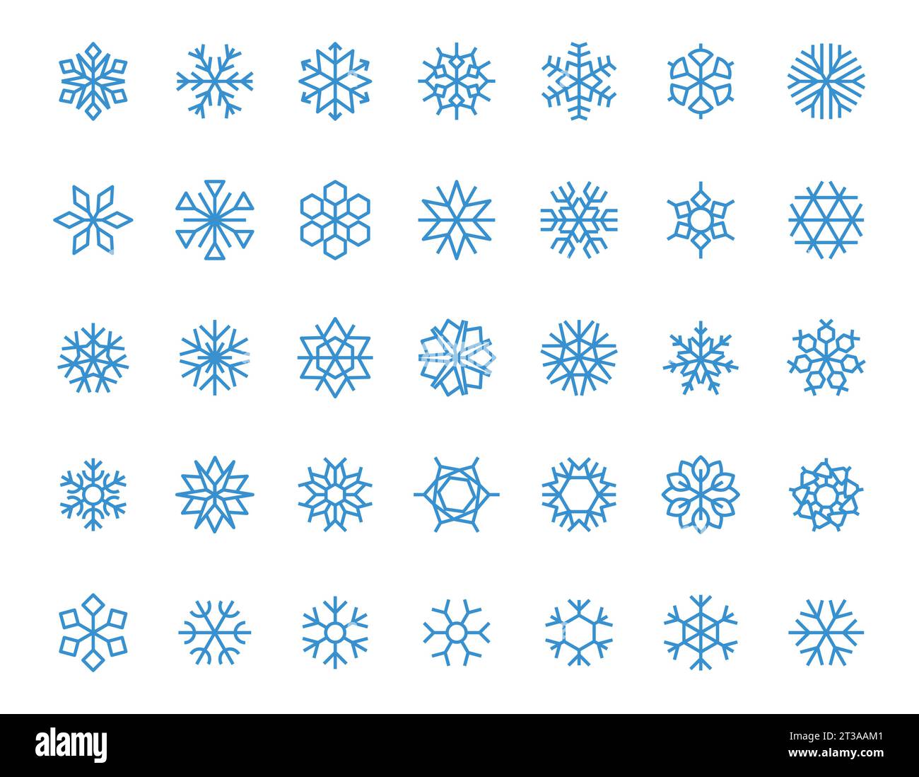 Blaue Schneeflocken-Symbole. Winter gefrorene Schneeflocken Weihnachten Neujahr Weihnachtsdekoration, abstrakte frostige geometrische Formen. Vektor-isolierte Sammlung. Schneebedecktes Wetter mit verschiedenen Flocken Stock Vektor