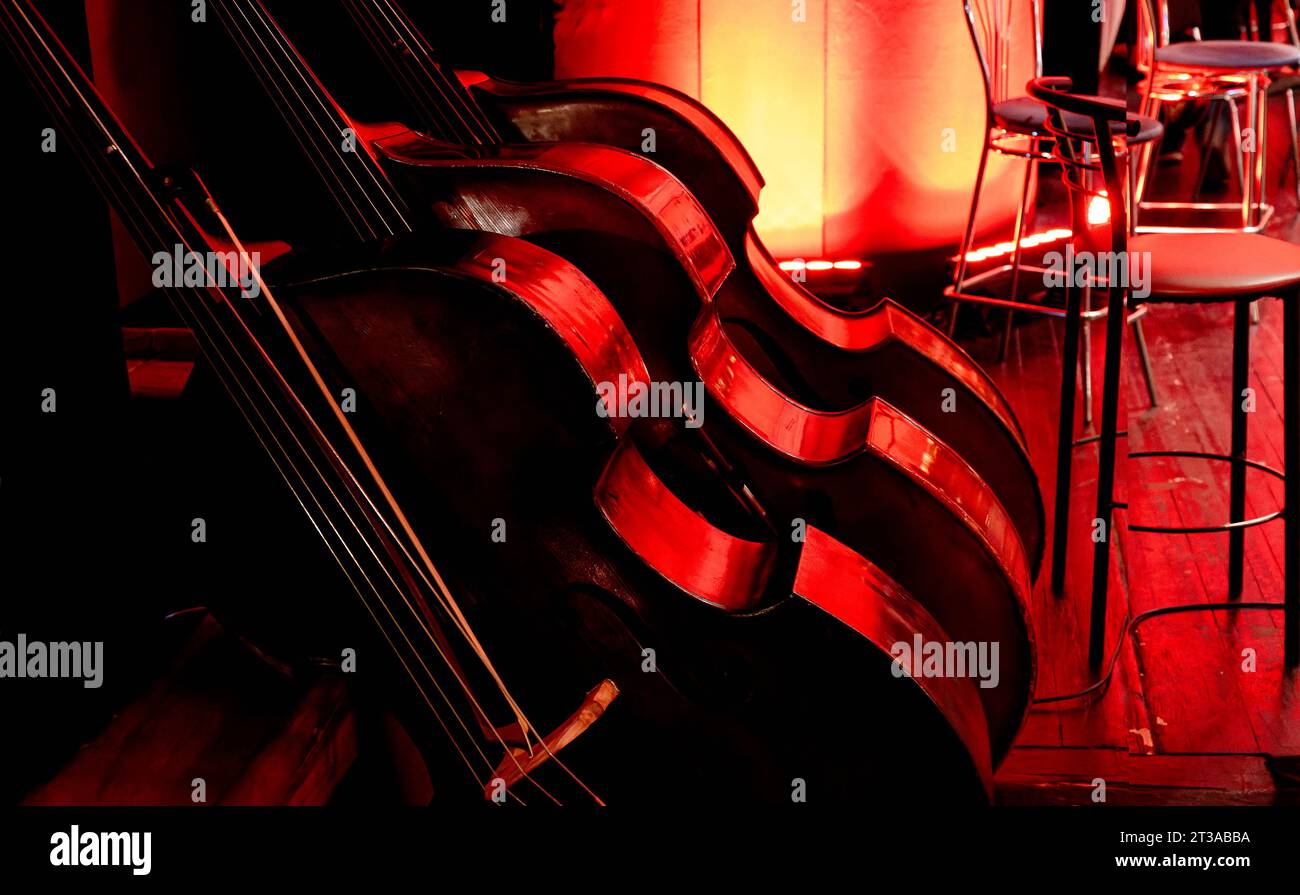 Bild von drei hölzernen Saiteninstrumenten eines Symphonieorchesters mit Doppelbarsch Stockfoto