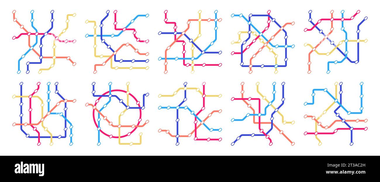 U-Bahn-Kartenset. U-Bahn U-Bahn-Verbindung und -Richtung, Nahverkehr, öffentliche Verkehrsmittel und Bahnhof. Vektorsammlung der U-Bahn-Karte Illustration Stock Vektor
