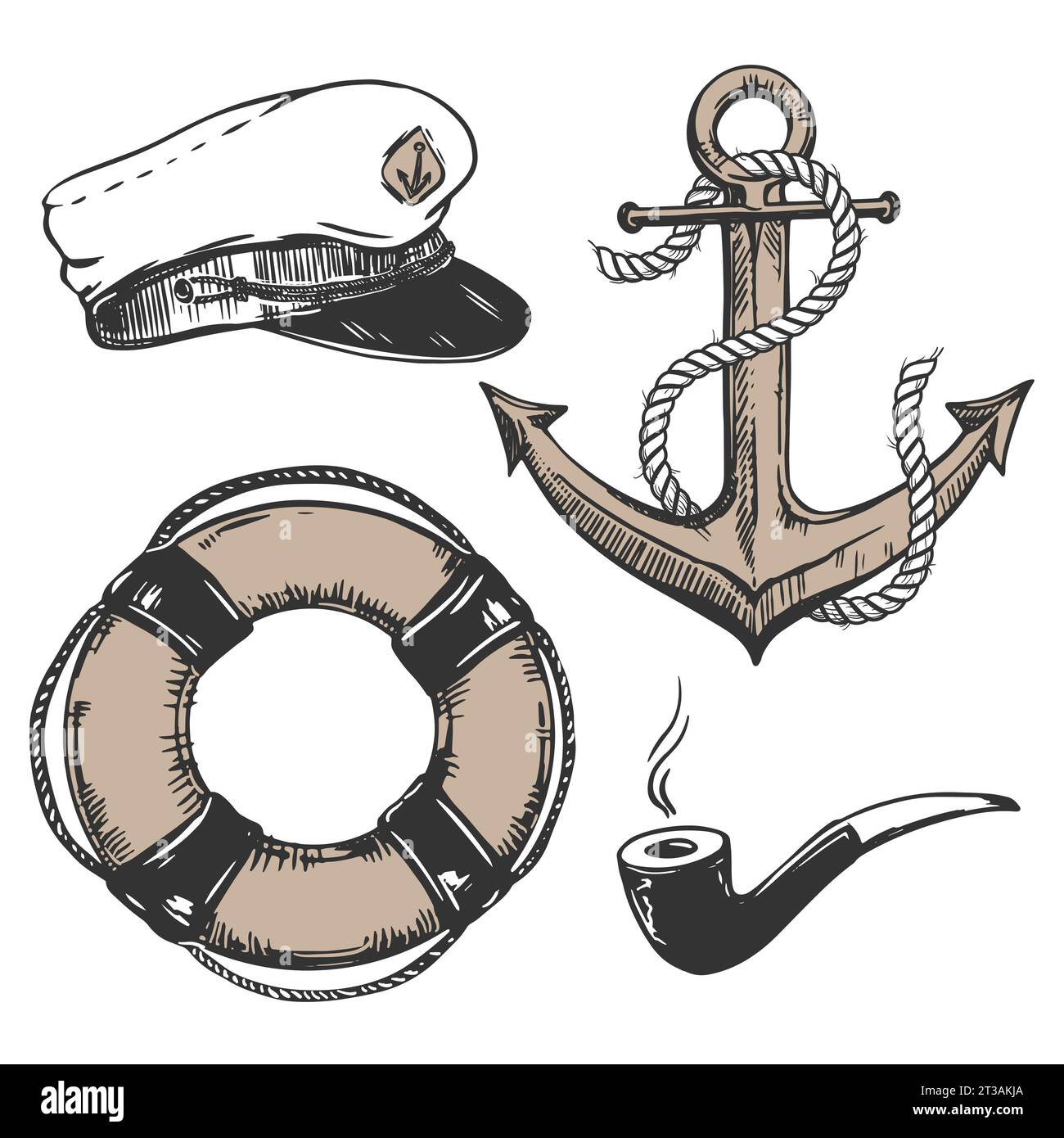 Vektorsatz von Vintage nautischen Elementen. Captain's Cap, Rauchpfeife, Rettungsboje, Metallanker, Seil. Gravurstil Illustration. Elemente für Packag Stock Vektor