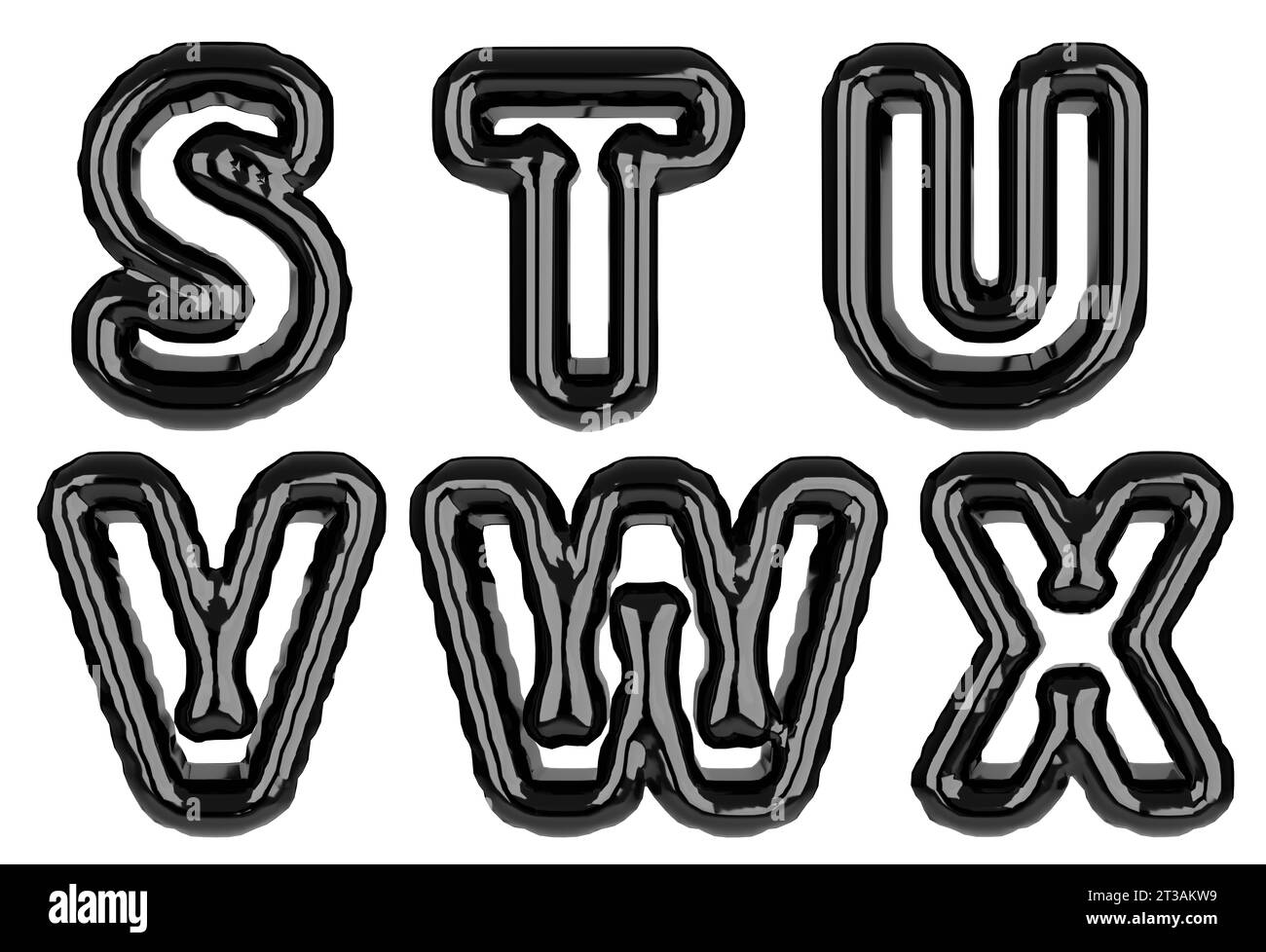 Glänzend aufgeblasener schwarzer Farbbuchstabe S, T, U, V, W, x-Abbildung. 3D-Rendering von Latex-Blasenschriftart mit Glanzeffekt. Grafiktyp, Typografie, ABC-Clipart, al Stockfoto