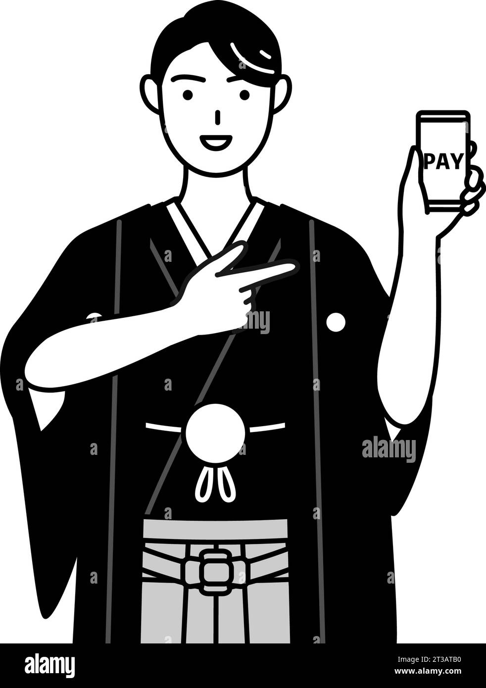 Mann trägt Hakama mit Wappen, der bargeldlose Online-Zahlungen auf einem Smartphone empfiehlt, Vektor-Illustration Stock Vektor
