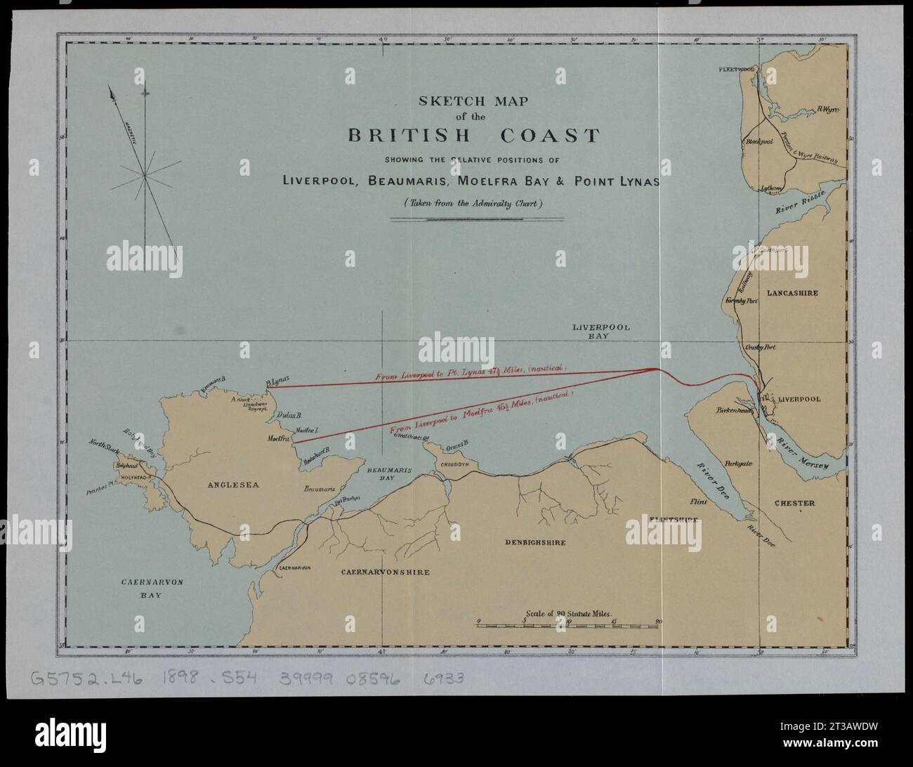 Skizzenkarte der britischen Küste, die die relativen Positionen von Liverpool, Beaumaris, Moelfra Bay und Point Lynas zeigt (aus der Admiralitätskarte) Stockfoto