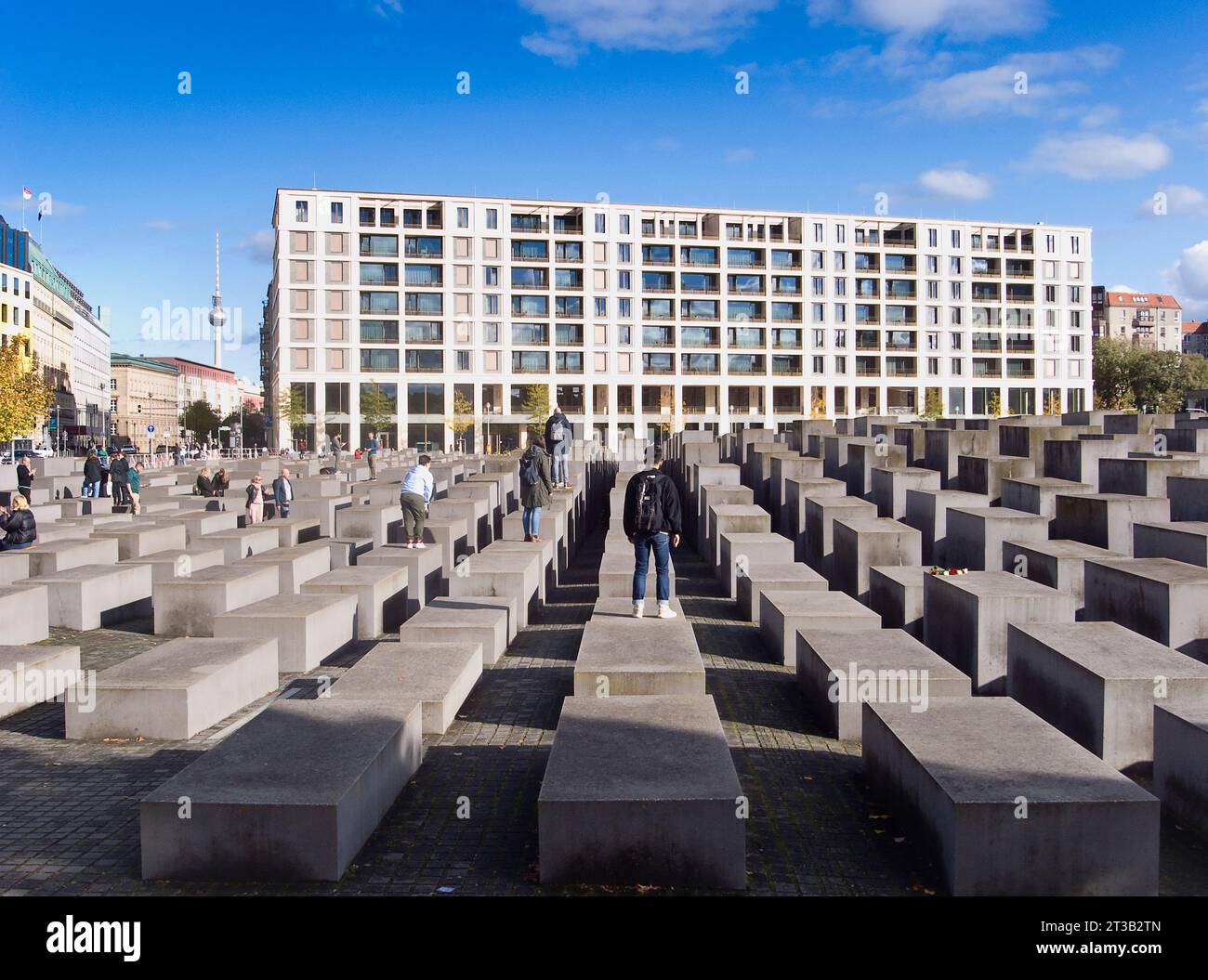 Deutschland, Berlin, Mitte, Holocaust-Denkmal, entworfen vom US-Architekten Peter Eisenmann, mit einem Feld aus grauen Platten, die die Millionen von Juden symbolisieren, die von den Nazis getötet wurden. Stockfoto