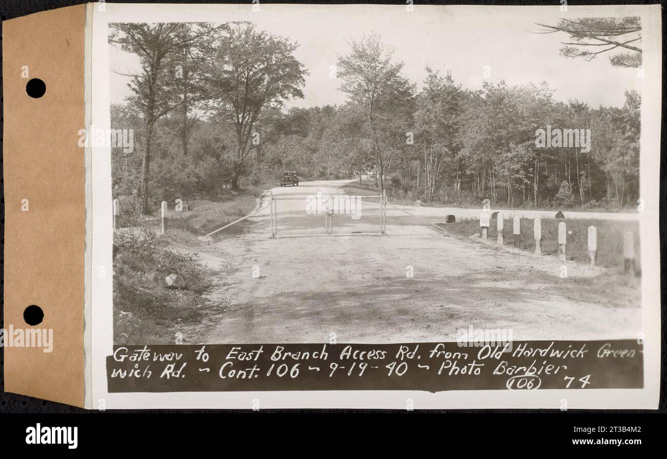 Vertrag Nr. 106, Verbesserung der Zufahrtsstraßen, Middle and East Branch Regulating Dams und Quabbin Reservoir Area, Hardwick, Petersham, New Salem, Belchertown, Zugang zur East Branch Zufahrtsstraße von Old Hardwick Greenwich Road, Belchertown, Mass., 19. September 1940 Stockfoto