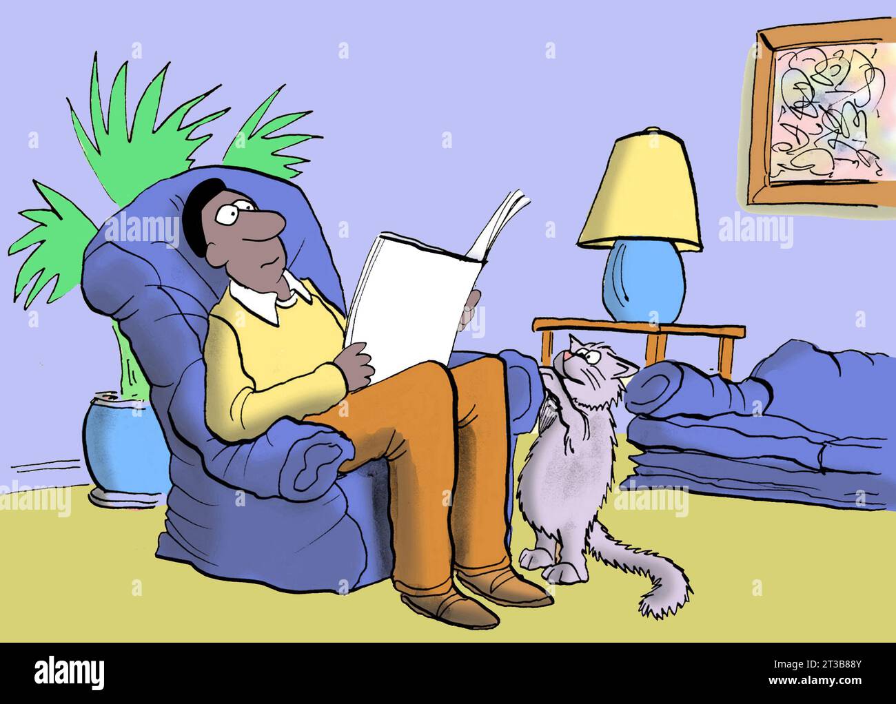 Der schwarze Mann sinkt, als seine scharfkantige Katze die Möbel durchsticht. Stockfoto