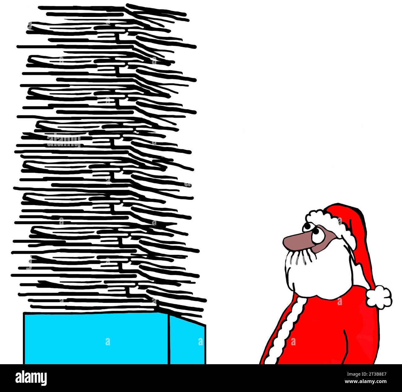 Der schwarze Weihnachtsmann sieht sich einen großen Haufen Weihnachtswünsche an Stockfoto
