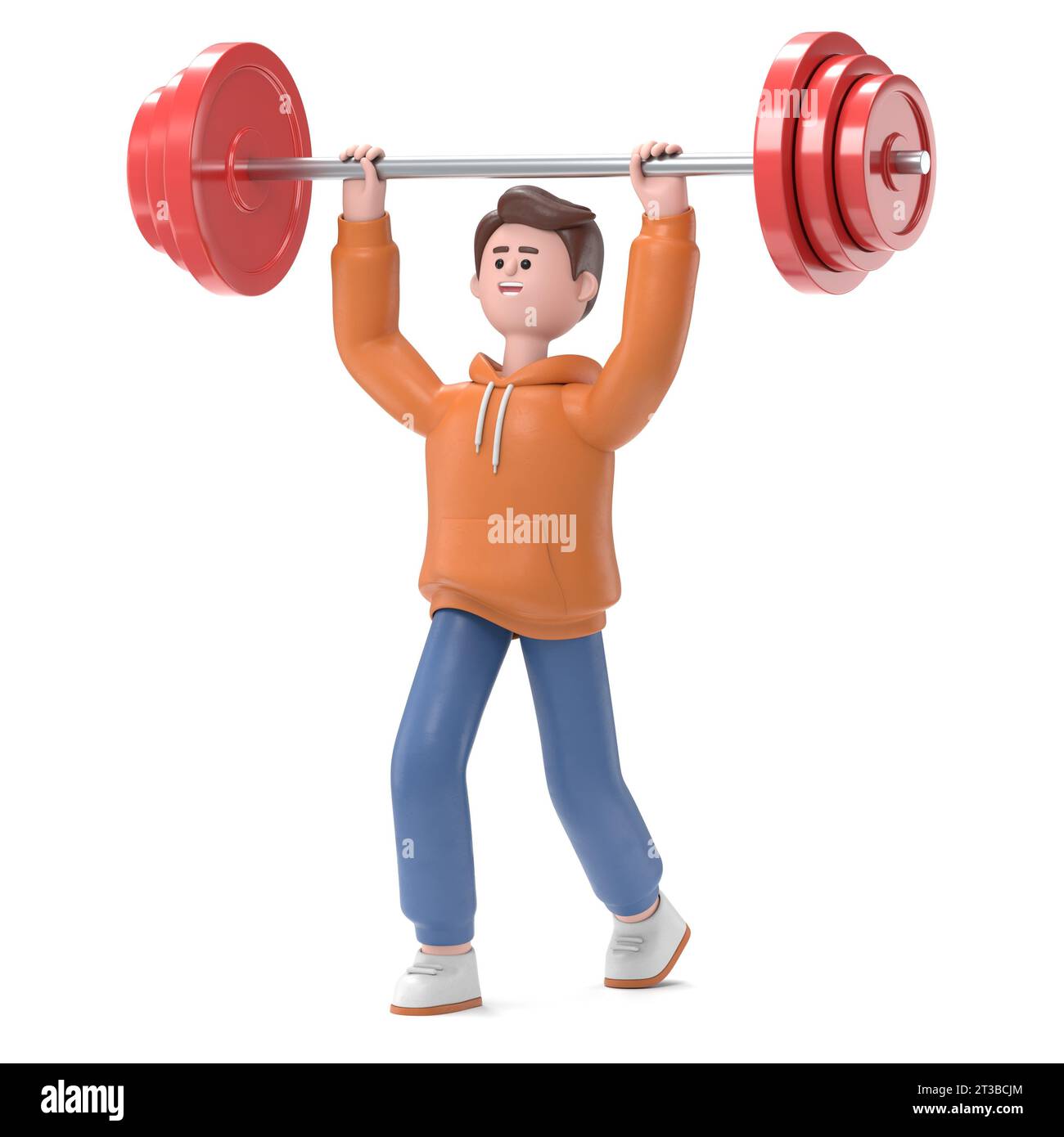 3D-Illustration des männlichen Guy Qadir, der Gewichte hebt. 3D-Rendering auf weißem Hintergrund. Stockfoto