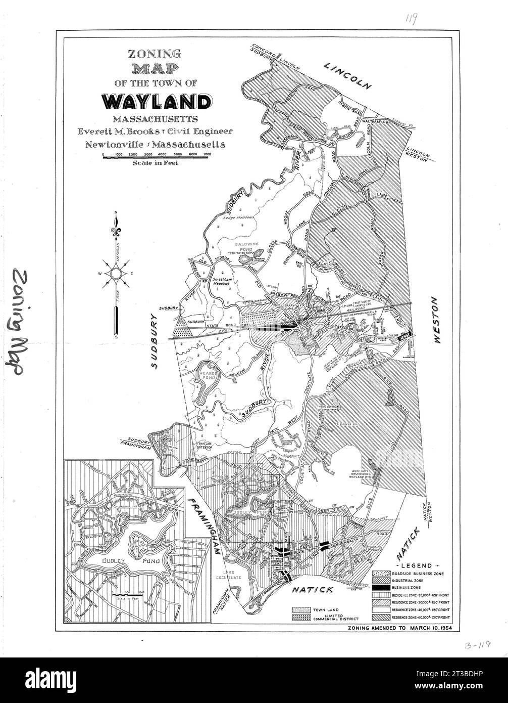 Zonierungskarte der Stadt Wayland Massachusetts, 1954 Stockfoto