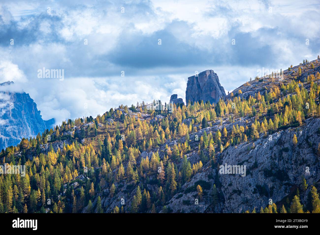 Felsformation inmitten goldener Lärchen Stockfoto