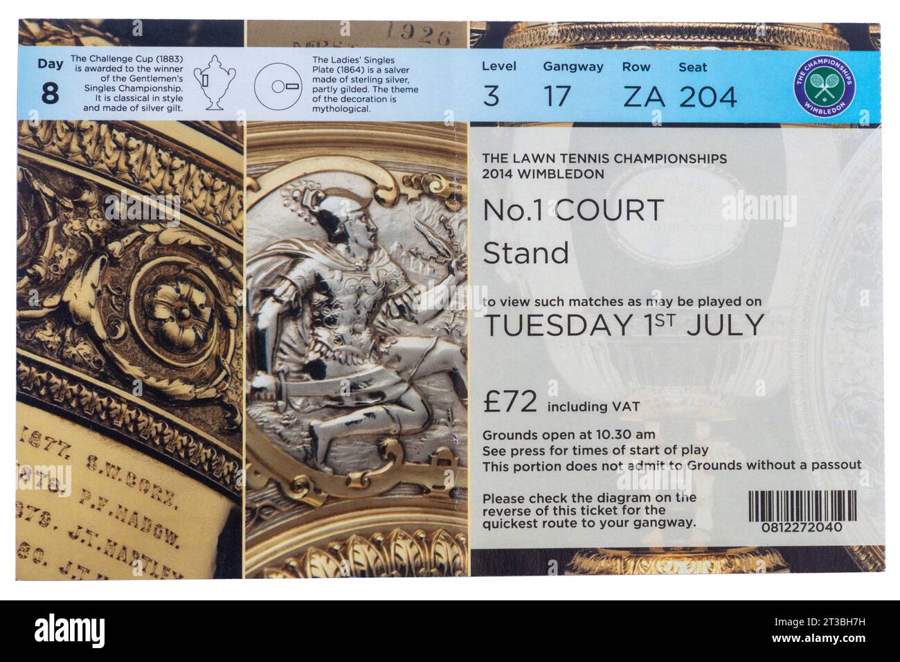 Wimbledon Rasen Tennis Championship Ticket, 1. Juli 2014, Gericht Nummer eins, keine 1 Court Ticket, England, UK Stockfoto