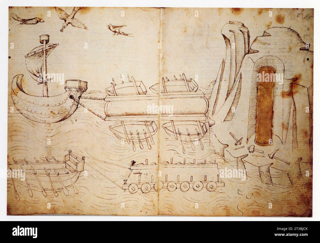 Taccola. De ingeneis. Taille et Transport d'une colonne par voies de Terre et de mer Stockfoto