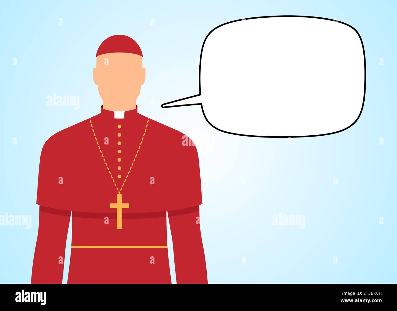 Katholischer Kardinal mit leerer Sprechblase auf blauem Hintergrund, Vektor-Illustration. Stock Vektor