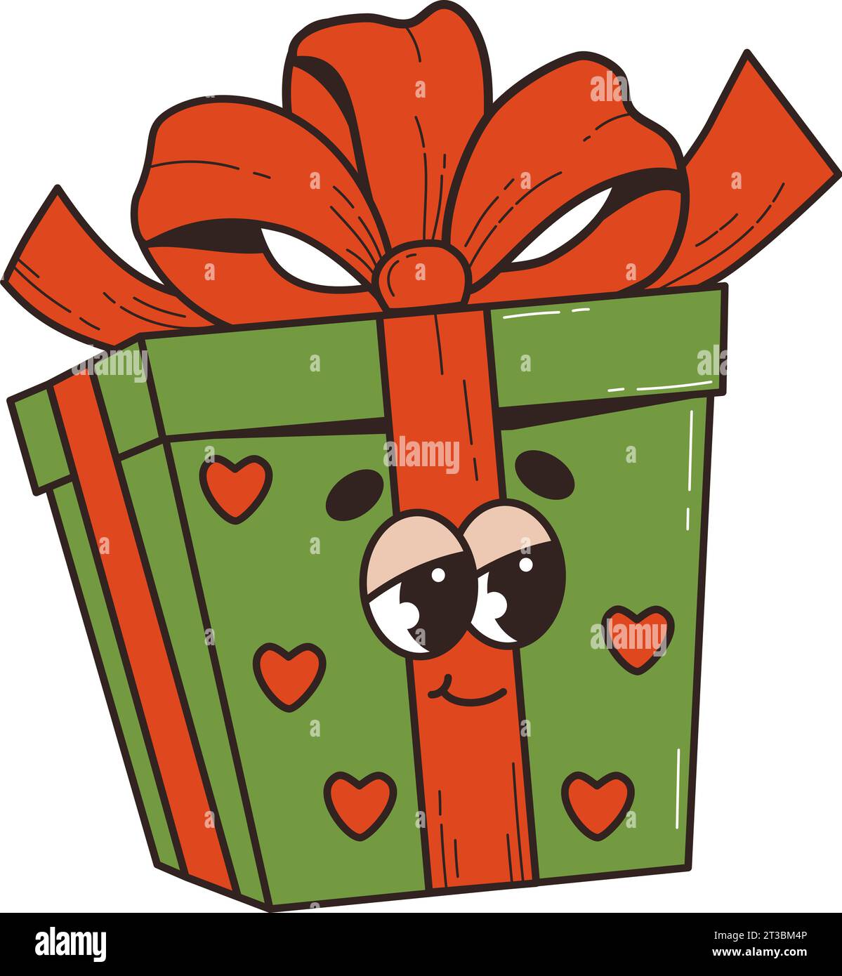 Nostalgisches Retro-Cartoon-Geschenk mit Schleife. 60-70s Vibes grooviger Charakter. Vektorabbildung. Frohe Weihnachten und frohes neues Jahr Stock Vektor