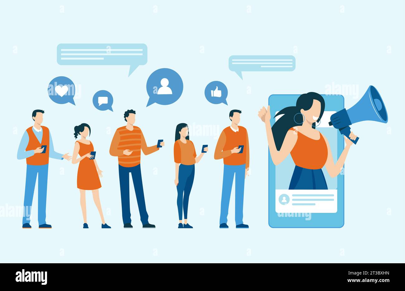 Vektor einer Gruppe von Menschen, die mobile Gadgets verwenden, die kommunizieren, die von Influencern in sozialen Medien angezogen werden Stock Vektor