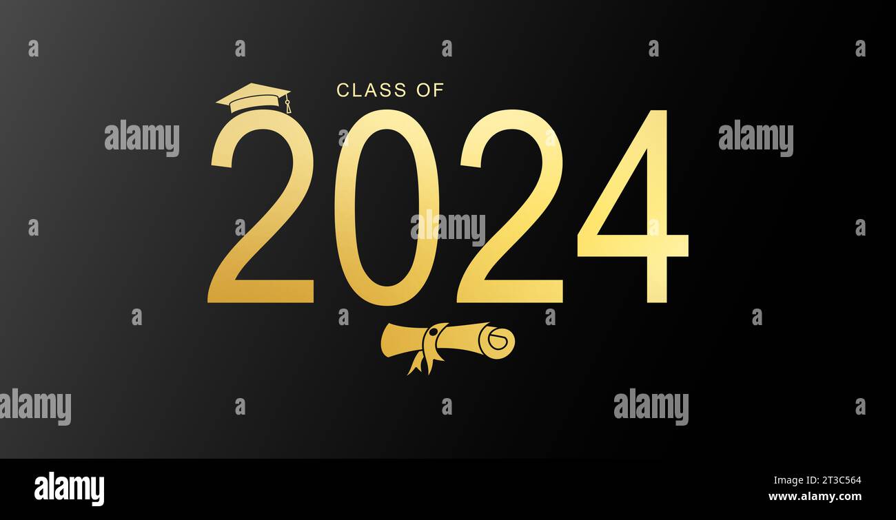 Klasse von 2024. Herzlichen Glückwunsch für Absolventen im Festkonzept mit dekorativen Elementen. Designvorlage für Graduiertenschrift, Banner. Stockfoto