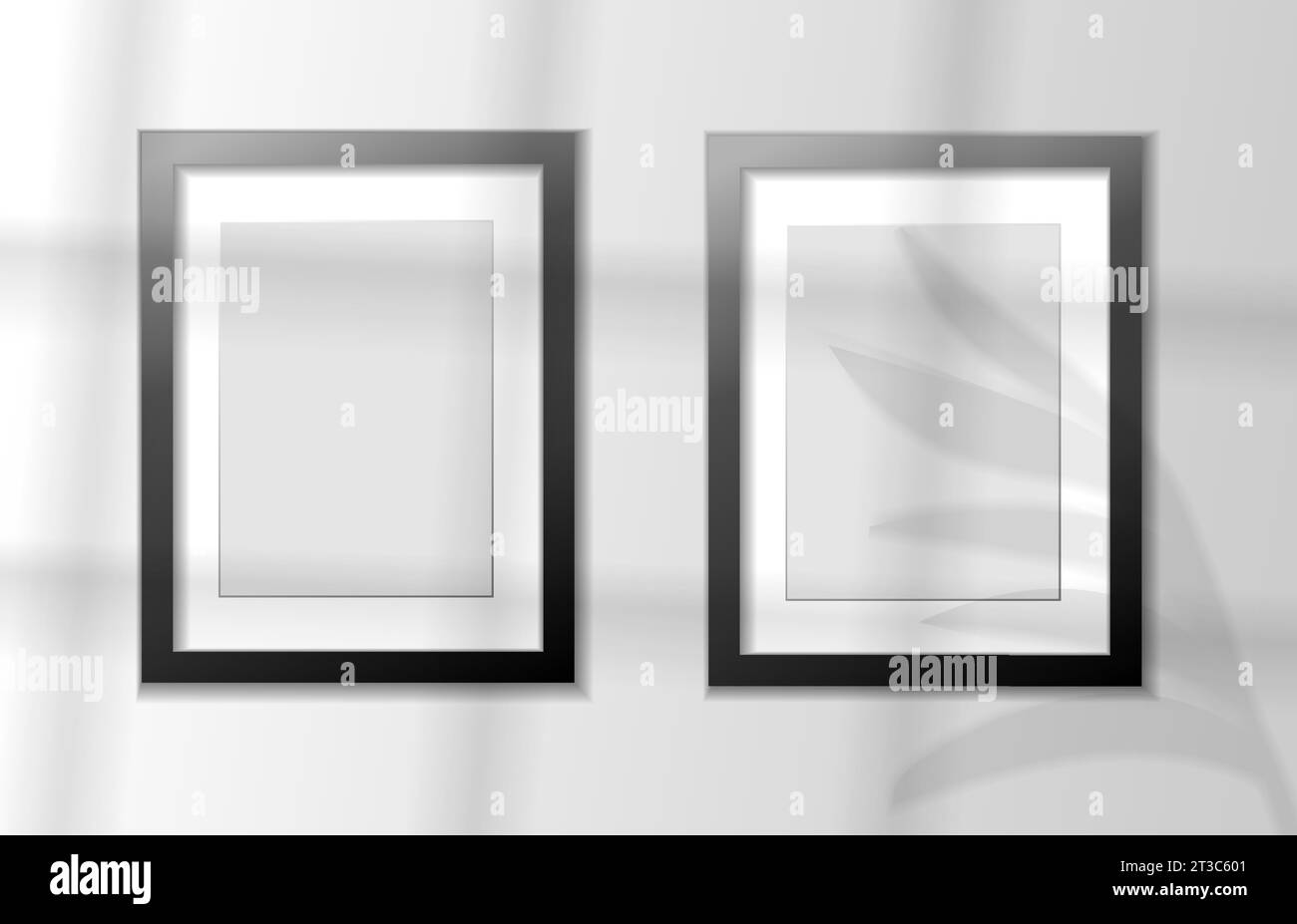 Modellbild eines schwarzen Rahmens an der Wand. Mock-up-Kunstwerk mit gerahmtem Bild. Horizontaler Rand mit Schatten, mit Schatten. Leerer A4-Bilderrahmen. Modern, stilvoll 3D Stock Vektor