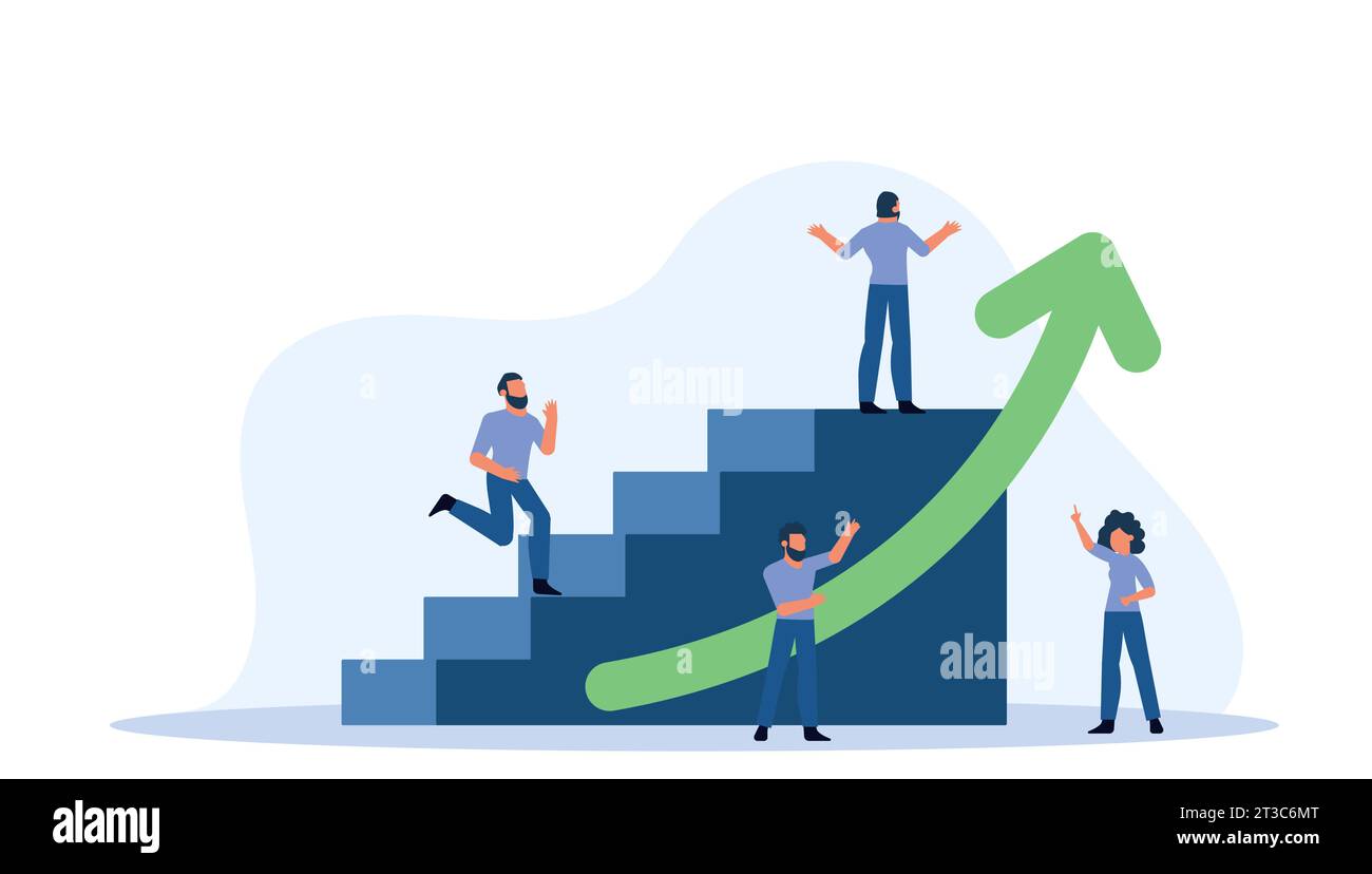 Gruppe von Leuten, die auf einer Treppe stehen, mit Pfeil nach oben. Die Leute lächeln und schauen auf den Pfeil. Die Menschen arbeiten zusammen, um zu erreichen Stock Vektor