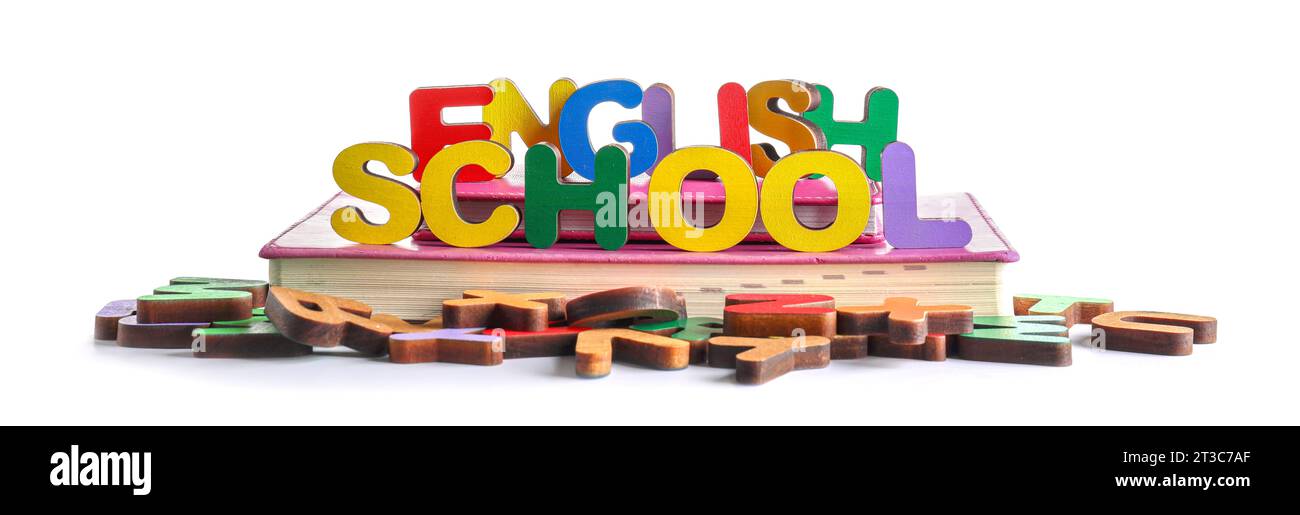 ENGLISCH-Text, Briefe und Bücher isoliert auf weiß Stockfoto
