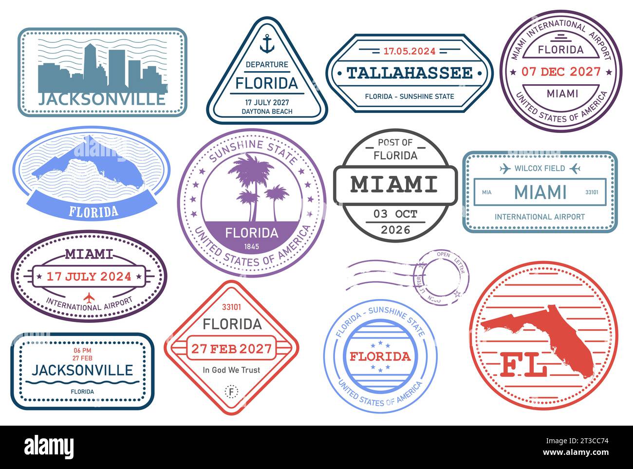 Florida Briefmarken Set, Briefmarke mit Symbolen des Bundesstaates und der Kartenumrisse, Vektor Stock Vektor
