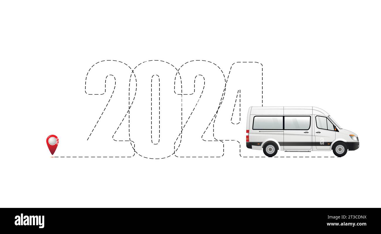 Frohe Weihnachten und Neujahr Konzept, Ziel mit Route 2024. Beförderung von Passagieren im Neujahr. Stock Vektor