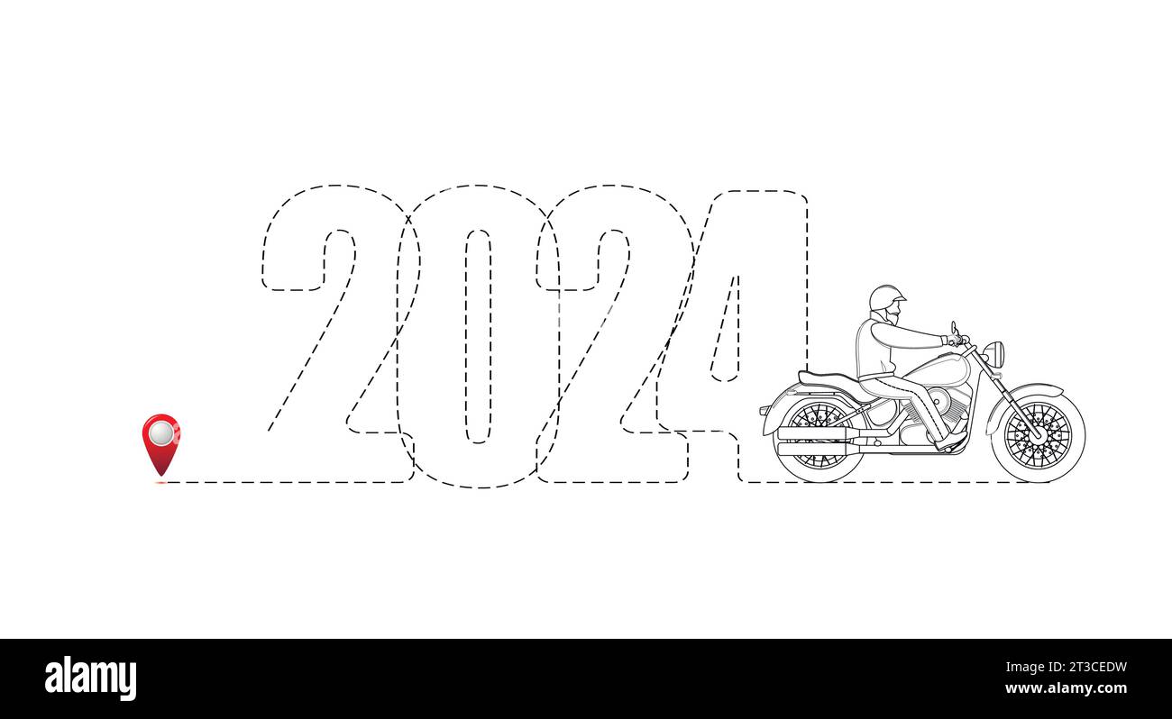 Frohe Weihnachten und Neujahr Konzept, Ziel mit Route 2024. Wir feiern das neue Jahr beim Fahren mit dem Motorrad. Stock Vektor