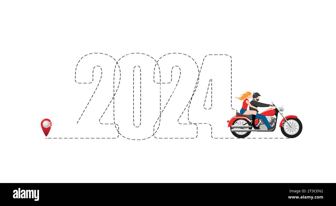 Frohe Weihnachten und Neujahr Konzept, Ziel mit Route 2024. Ein Paar auf einem Motorrad feiert das neue Jahr. Stock Vektor