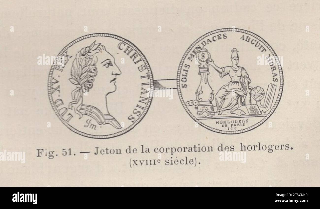 Les Arts de l'Ameublement : L'Horlogerie , Paris , Librairie CH. Delagrave. /Antikes französisches Buch aus dem 19. Jahrhundert / Abb. 51.- Jeton de la Corporation dos Horlogers. ( XVIII siécle) / Uhrmachermarke aus dem 18. Jahrhundert Stockfoto