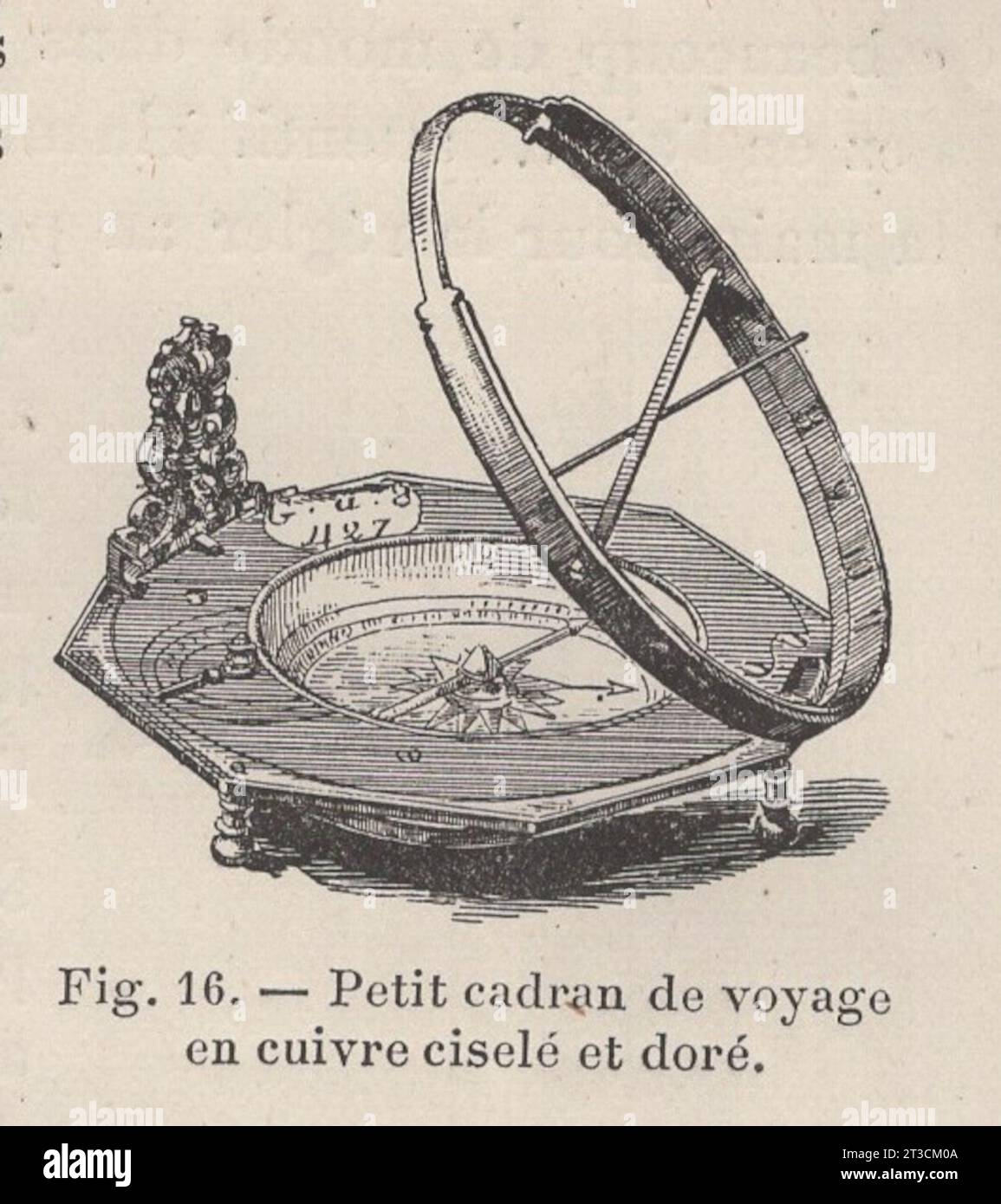 Les Arts de l'Ameublement : L'Horlogerie , Paris , Librairie CH. Delagrave. /Antikes französisches Buch aus dem 19. Jahrhundert / Abb. 16.- Petit cadran de voyage en cuivre ciselé et doré / kleines Reisezifferblatt aus gejagtem und vergoldetem Kupfer Stockfoto