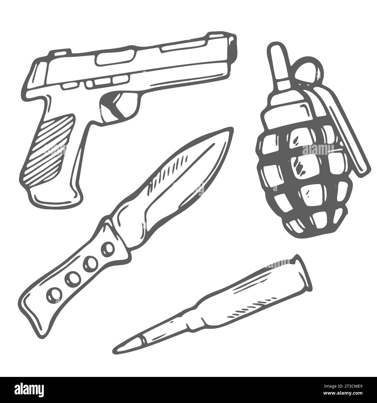 Handgezeichnete Waffen Doodle Set mit schwarzem Schriftzug in Vektor Stock Vektor