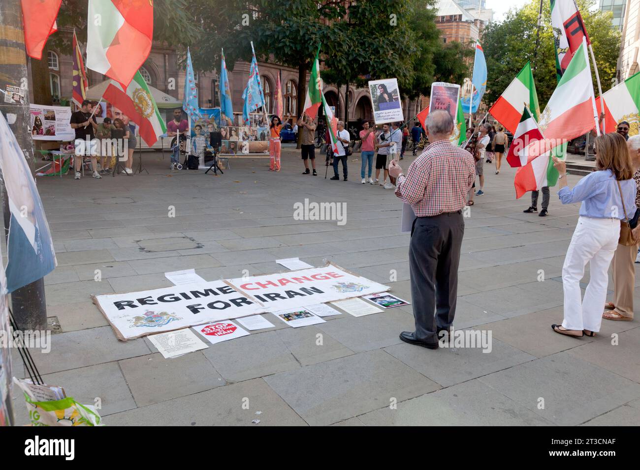 Demonstration im Stadtzentrum von Manchester zum Regimewechsel im Iran Stockfoto