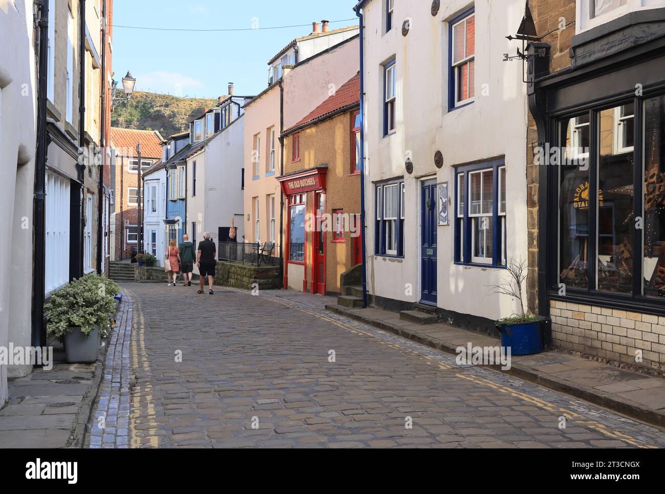 Das hübsche Fischerdorf Staithes, in der Nähe von Whitby und Heimat einer Künstlergemeinde, ein beliebtes Touristenziel, in North Yorkshire, Großbritannien Stockfoto