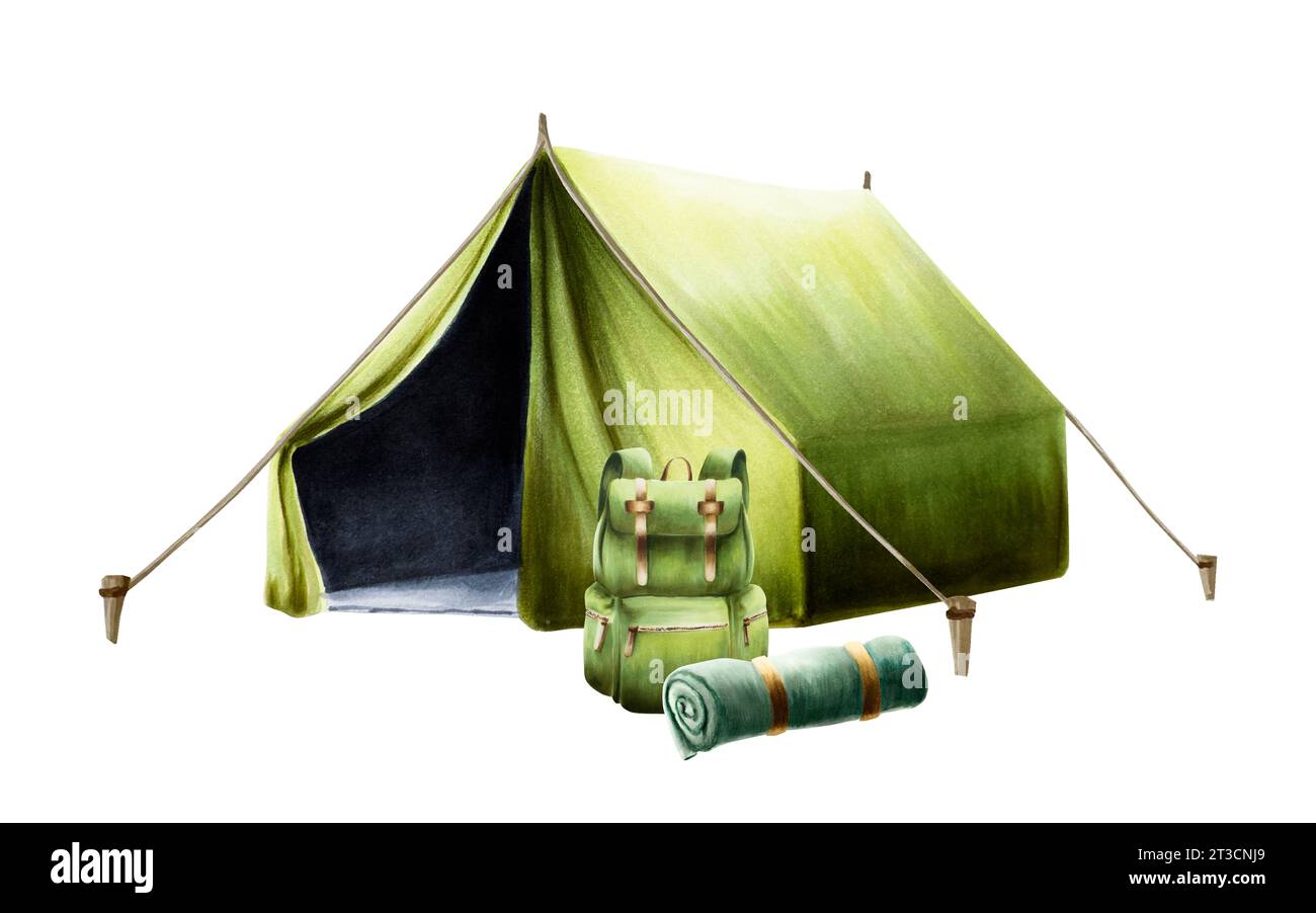 Aquarellkomposition mit grünem Campingzelt, Wander- und Campingrucksack, zusammengerollter Decke und Schlafsackbelichtung. Montageausrüstung für r Stockfoto
